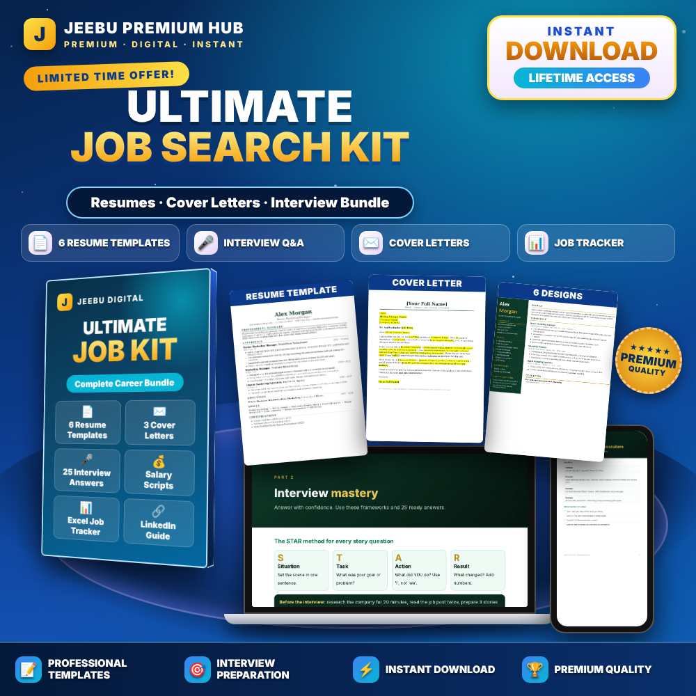 Ultimate Job Search Kit – 6 Resume Templates, Cover Letters, Interview Guide & Tracker