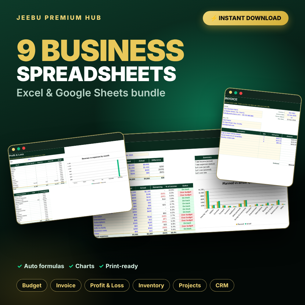 Business Spreadsheet Bundle – 9 Excel & Google Sheets Templates (Budget, Invoice, CRM)